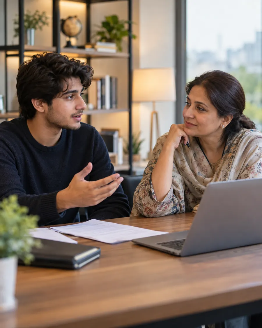 Student and parent receiving guidance at a consultation table
